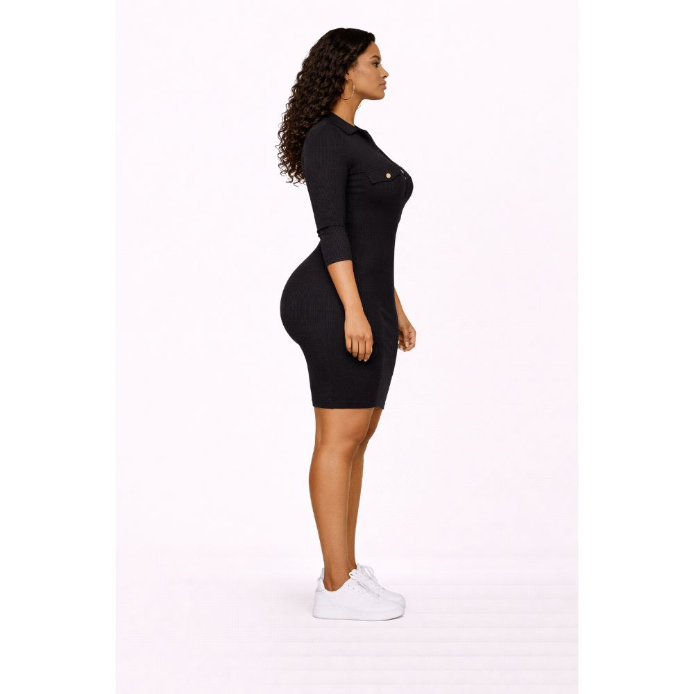 Black Ribbed Bodycon Dress with Collar & Button Pocket Detail